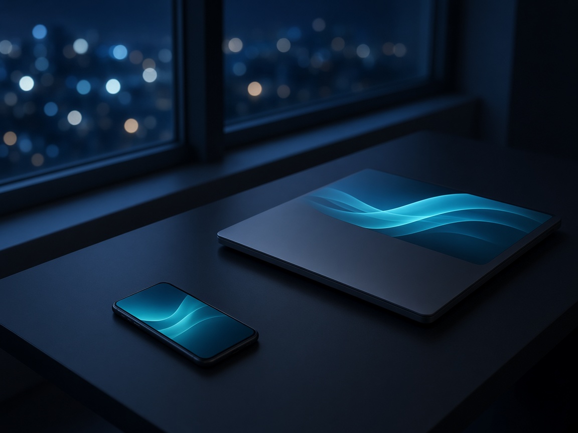 A phone and a laptop on a dark desk, city lights behind them.