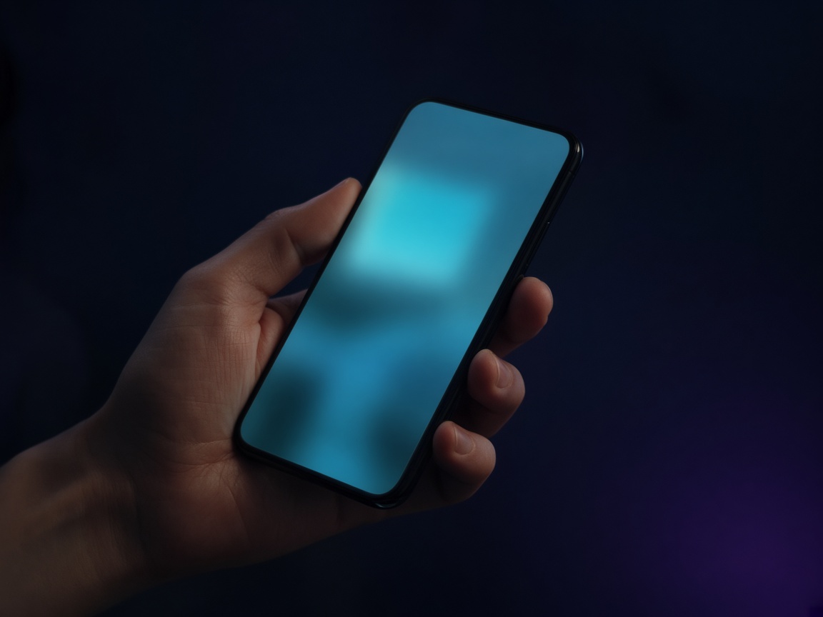 A hand holding a phone in low cyan light.
