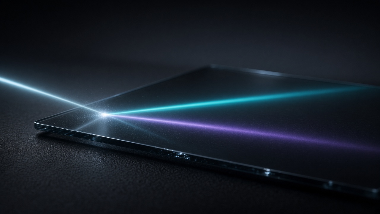 A beam of light splitting into cyan and violet on dark glass.